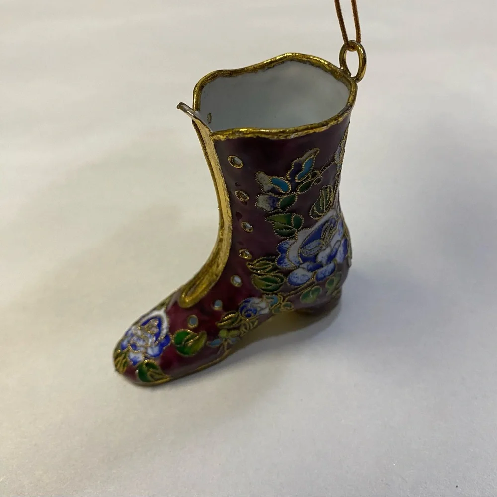 Vintage Cloisonné Shoe Boot Figurine Ornament Enamel Floral Decorative